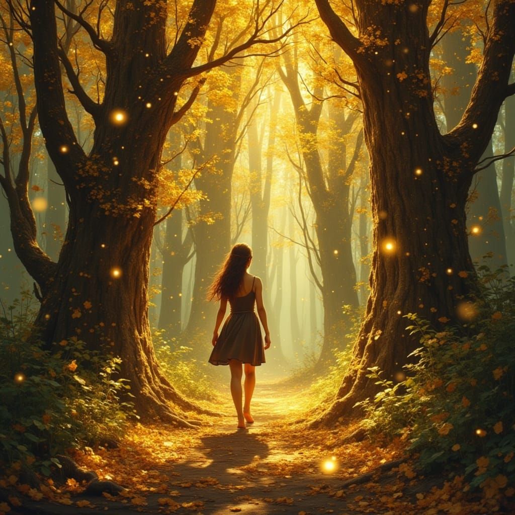Golden Forest Traveler in Shimmering Sunlight