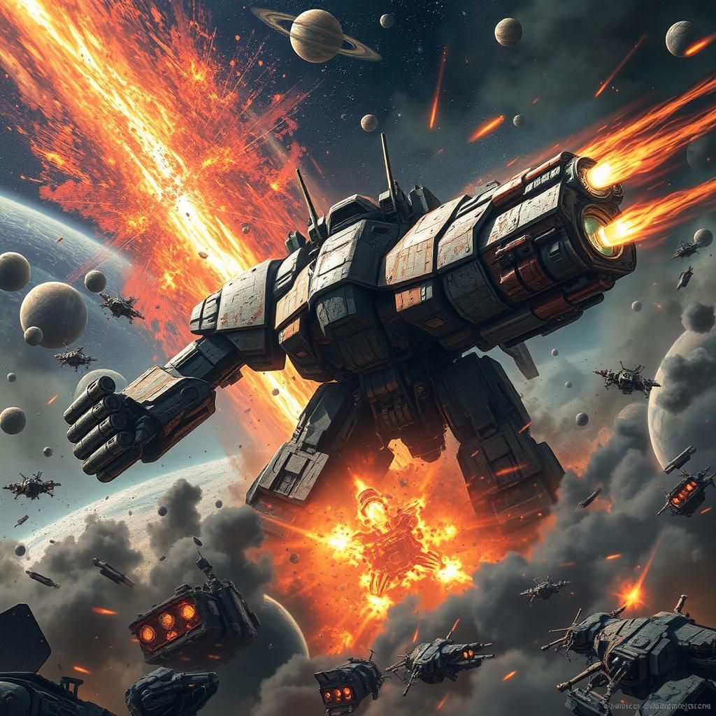Epic Mecha Battles Dying Stars in Apocalyptic Landscape