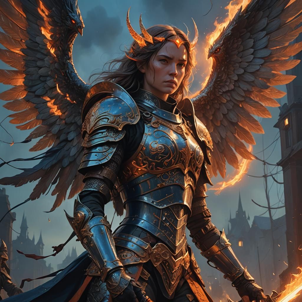 Angelic Warrior Faces Fiery Demon: Fantasy Art