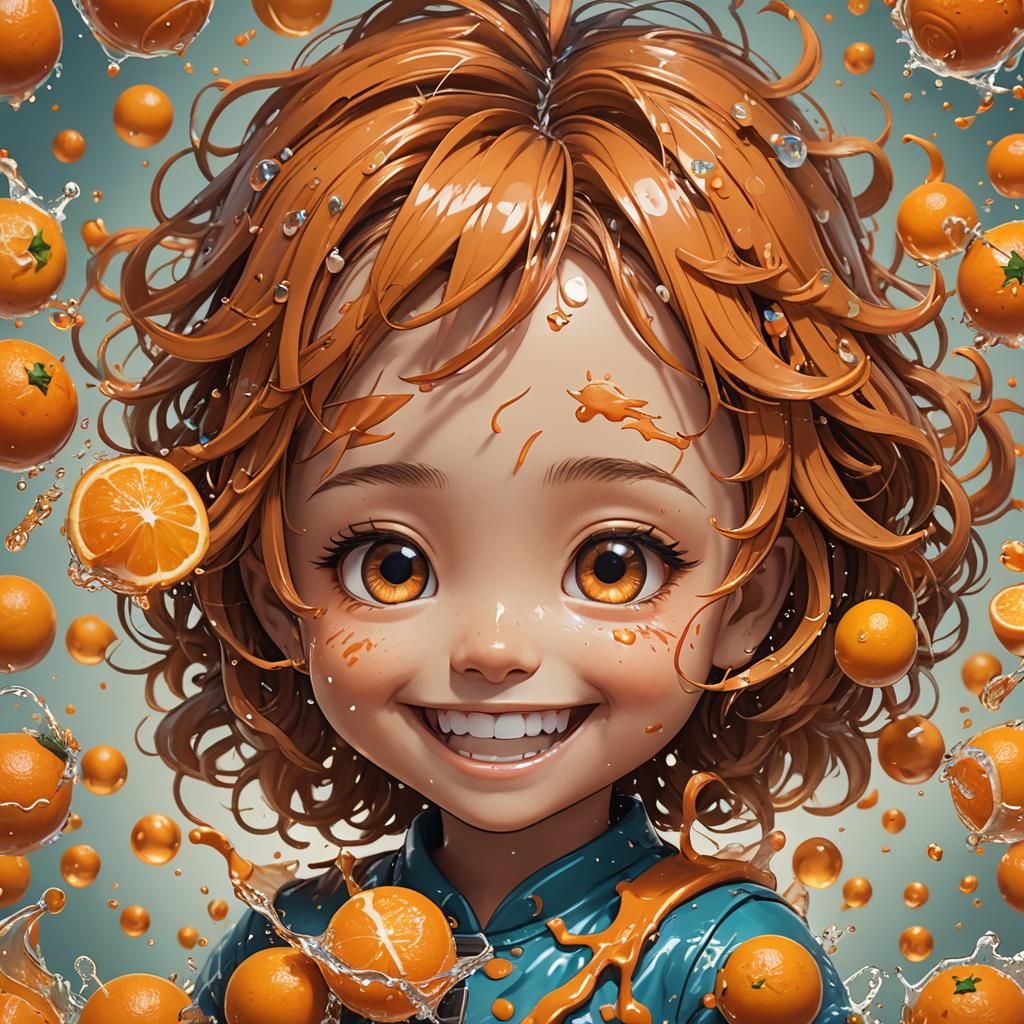 Smiling Orange Chibi in Hyperrealistic Splash Art