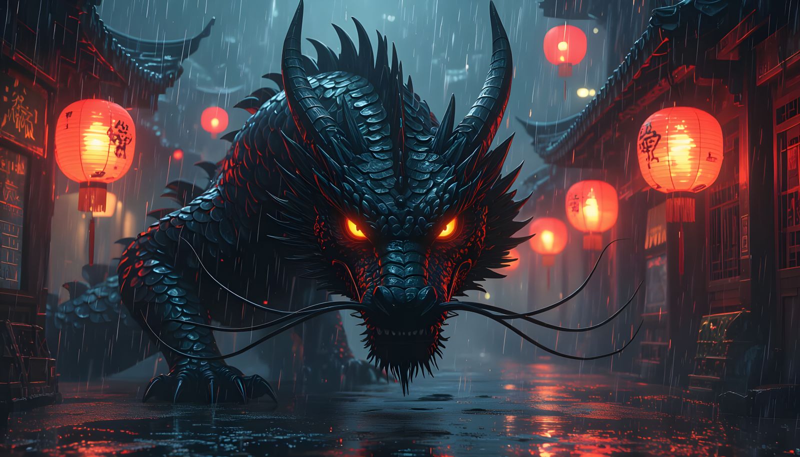 Hyperrealistic Dragon in Rainy Lantern Street