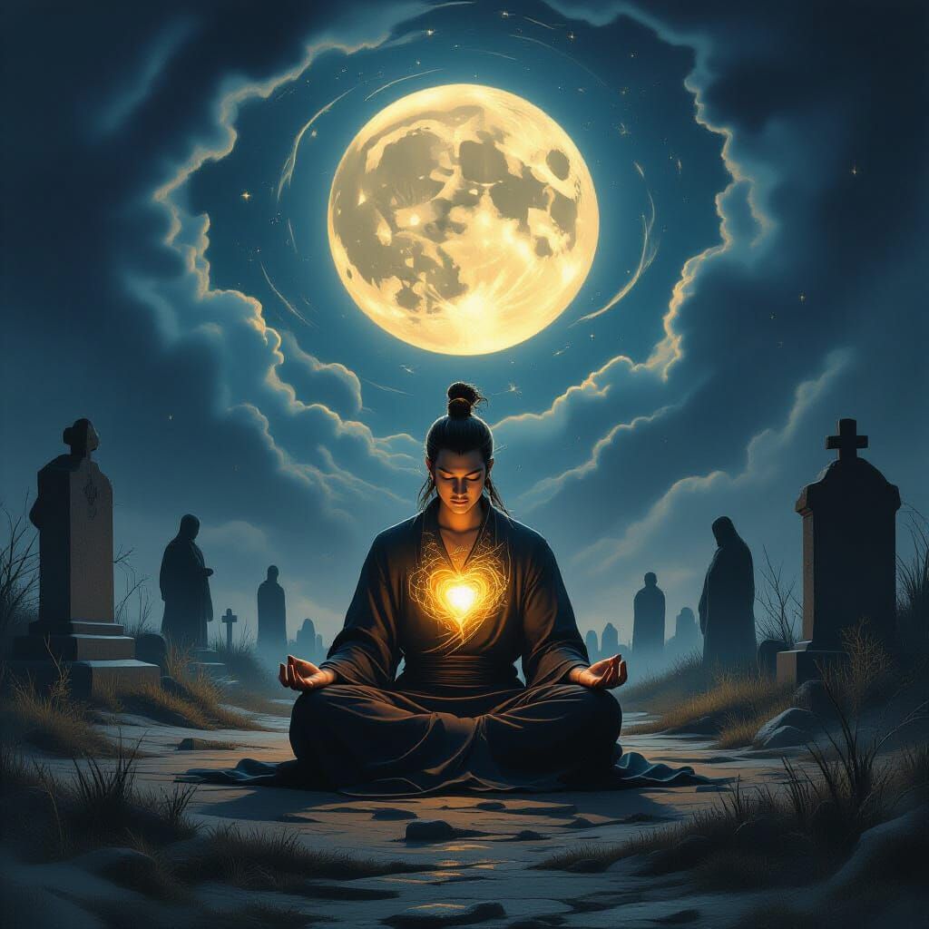 Bön Monk Meditating Under Full Moon in Dark Fantasy Style