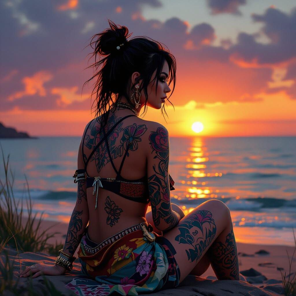 Tattooed Woman Watching Sunset in Digital Art Style