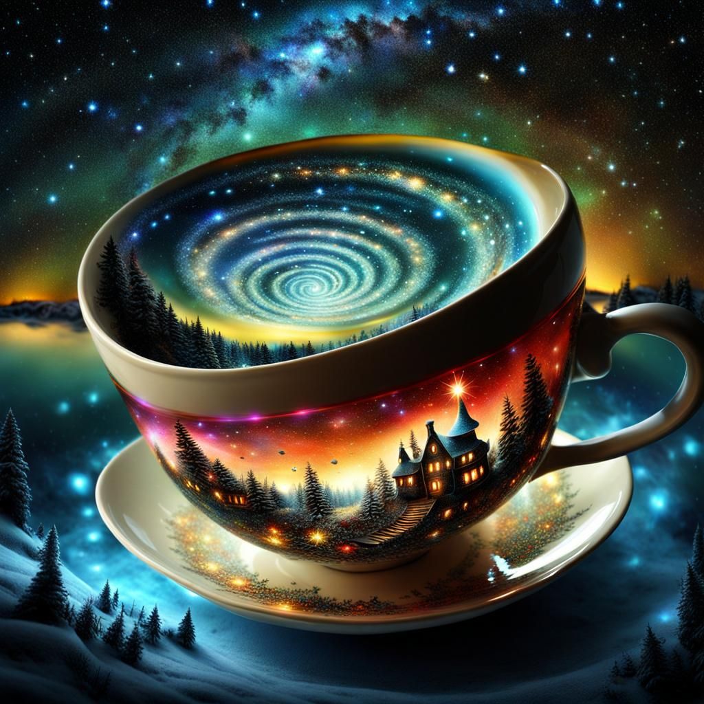 Surreal Christmas Teacup Portal to a Starry Galaxy