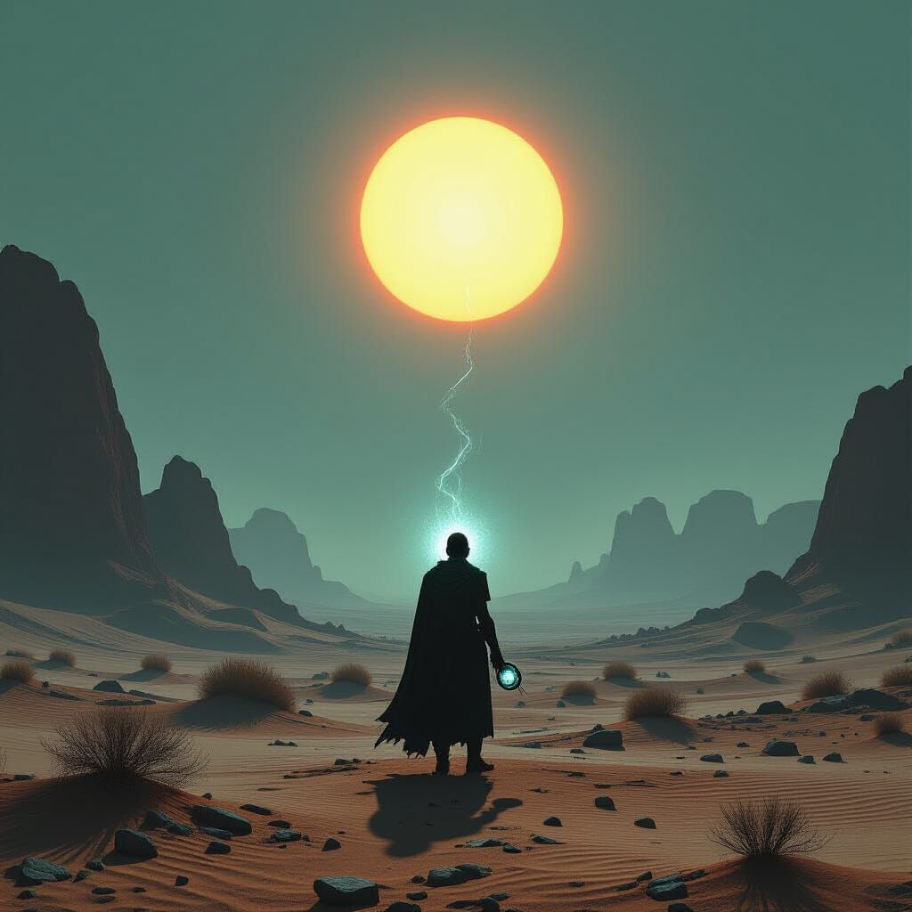 Alien Desert Wanderer with Glowing Artifact Under Twin Suns