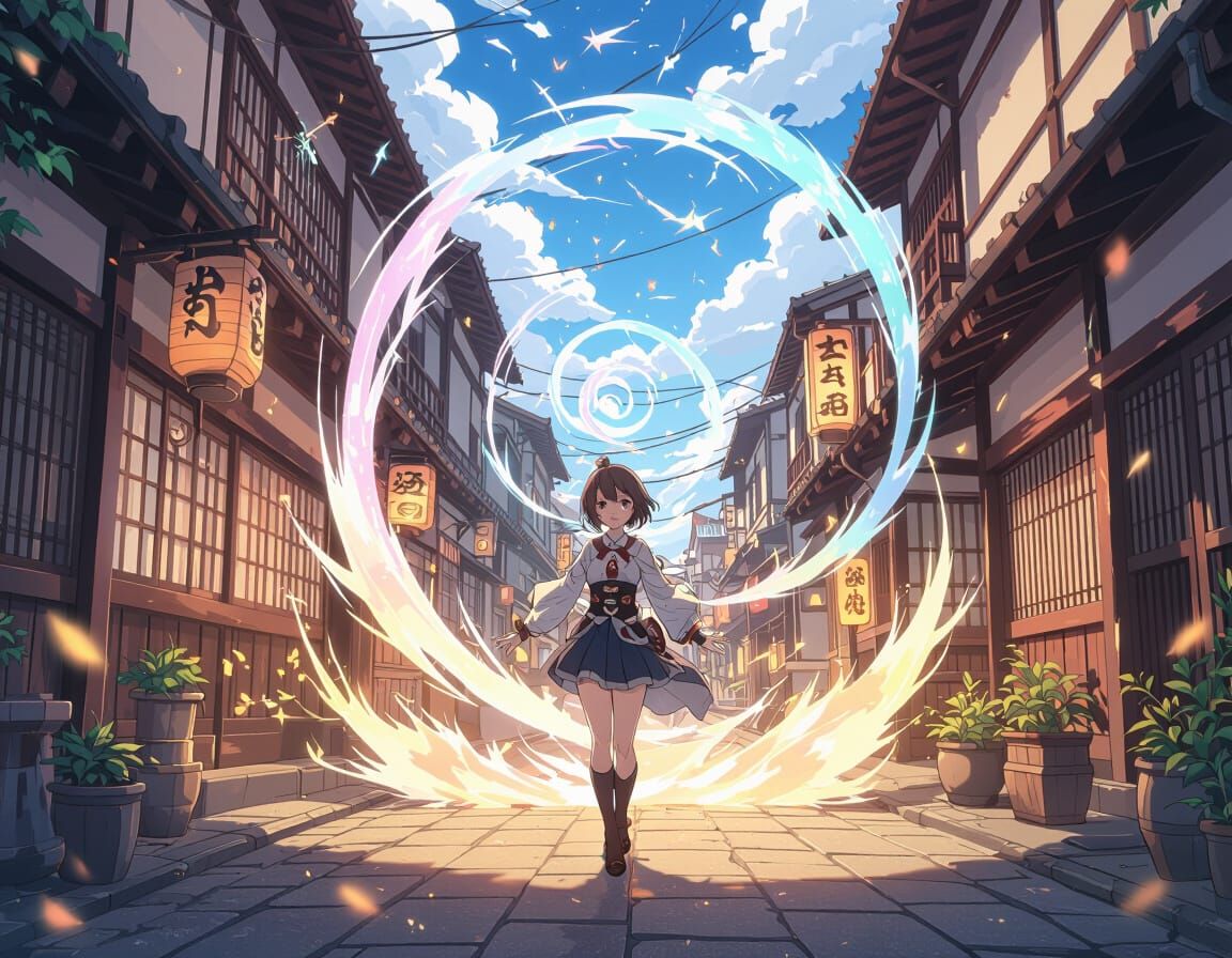 Anime Character Sweeps Japanese Alley, Dust Turns to Stars