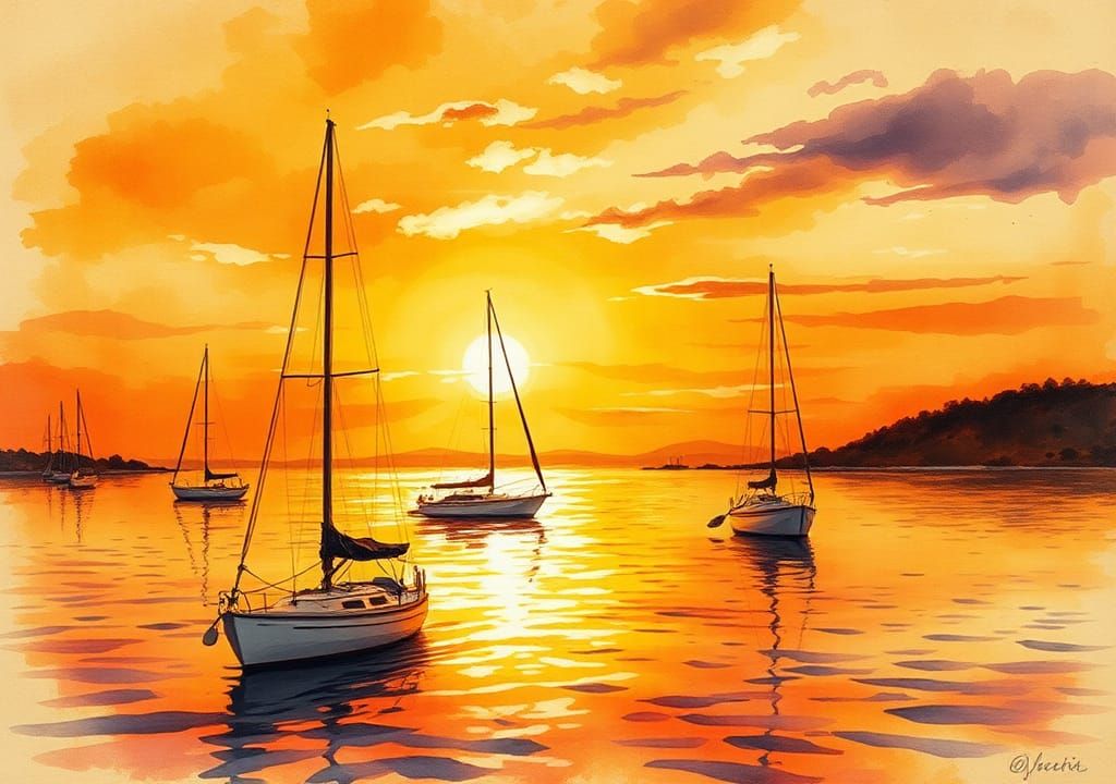 Sailboats in Harbor at Sunset: Expressionist Painting