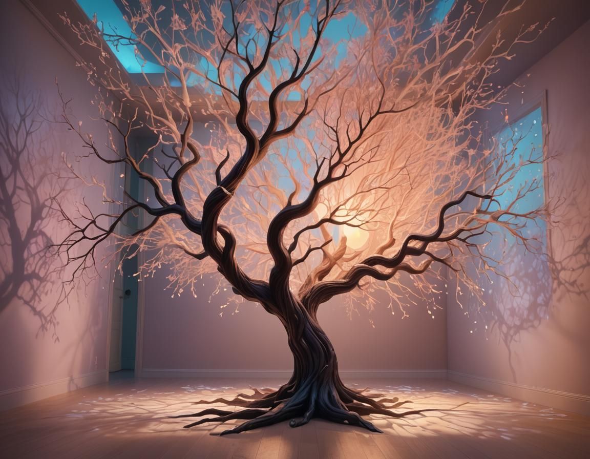 Surreal Tree Lamp Illuminates Dreamlike Room