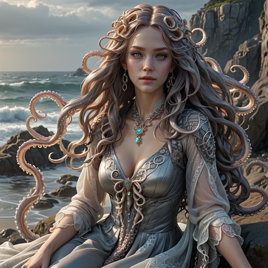 Fantasy Octopus Woman with Tentacles and Waves