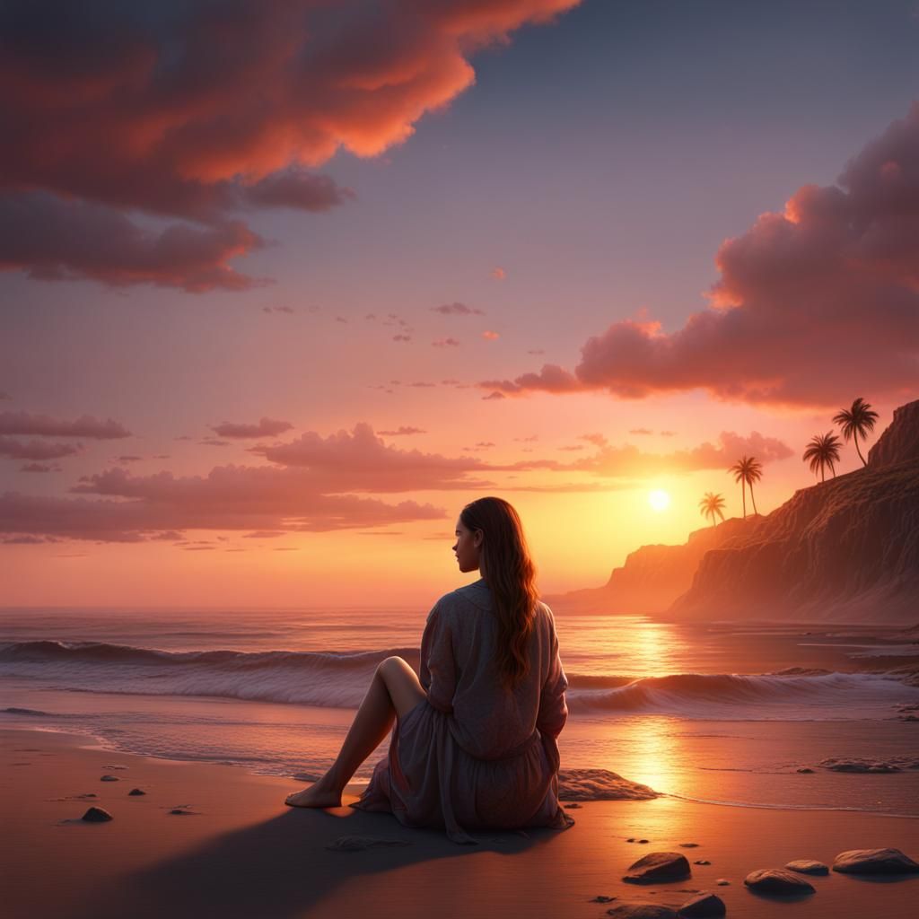 Woman on Beach at Sunset: Fantasy Concept Art