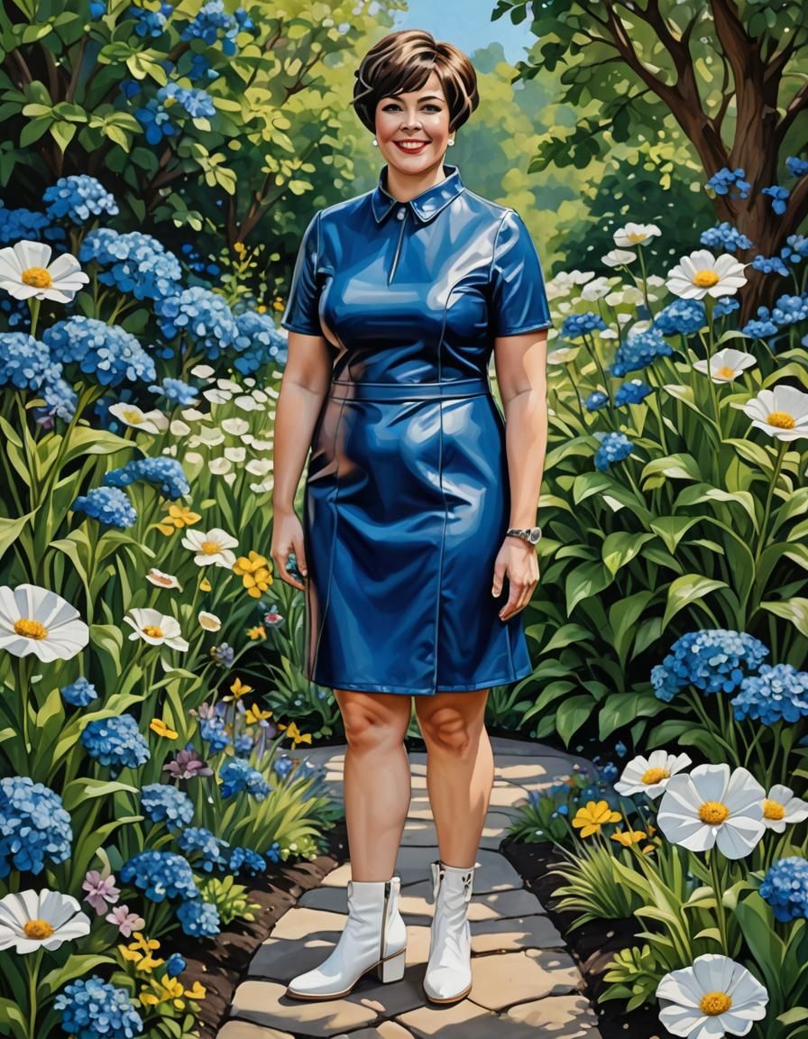Elegant Woman in Blue Dress in Flower Garden