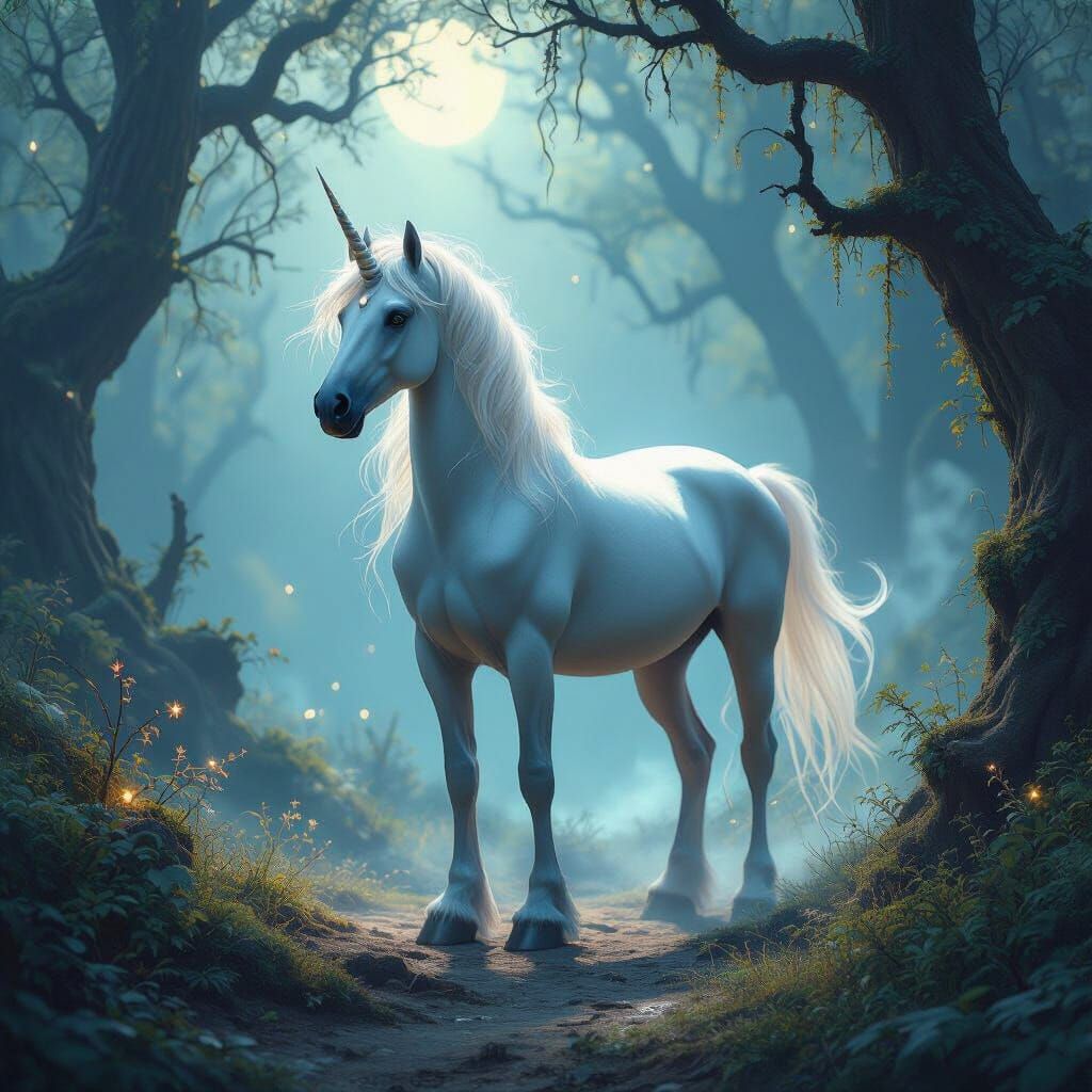 Majestic Unicorn in Glowing Fantasy Forest