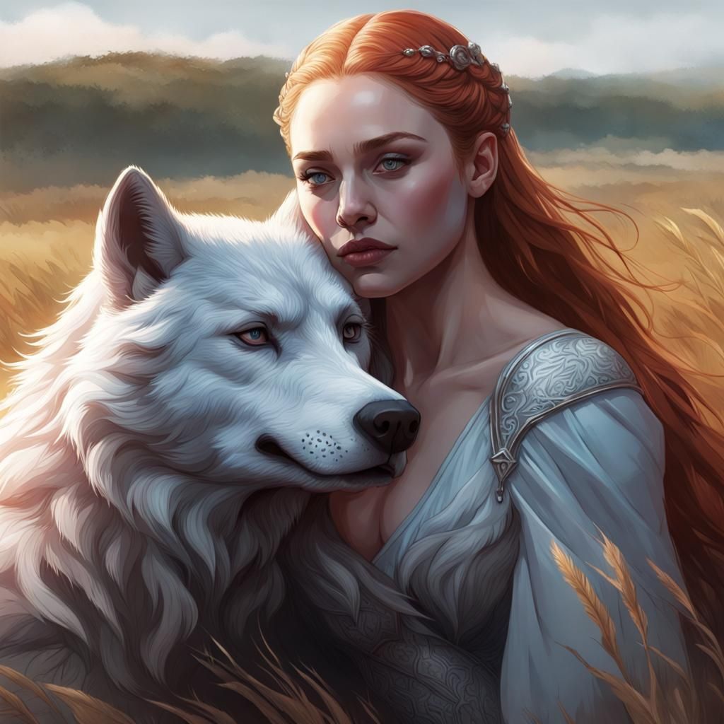 Romantic Portrait of Two Women with Wolf