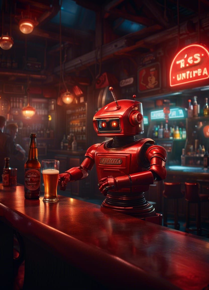 Vintage Robot Drinks with Aliens in Retro Bar