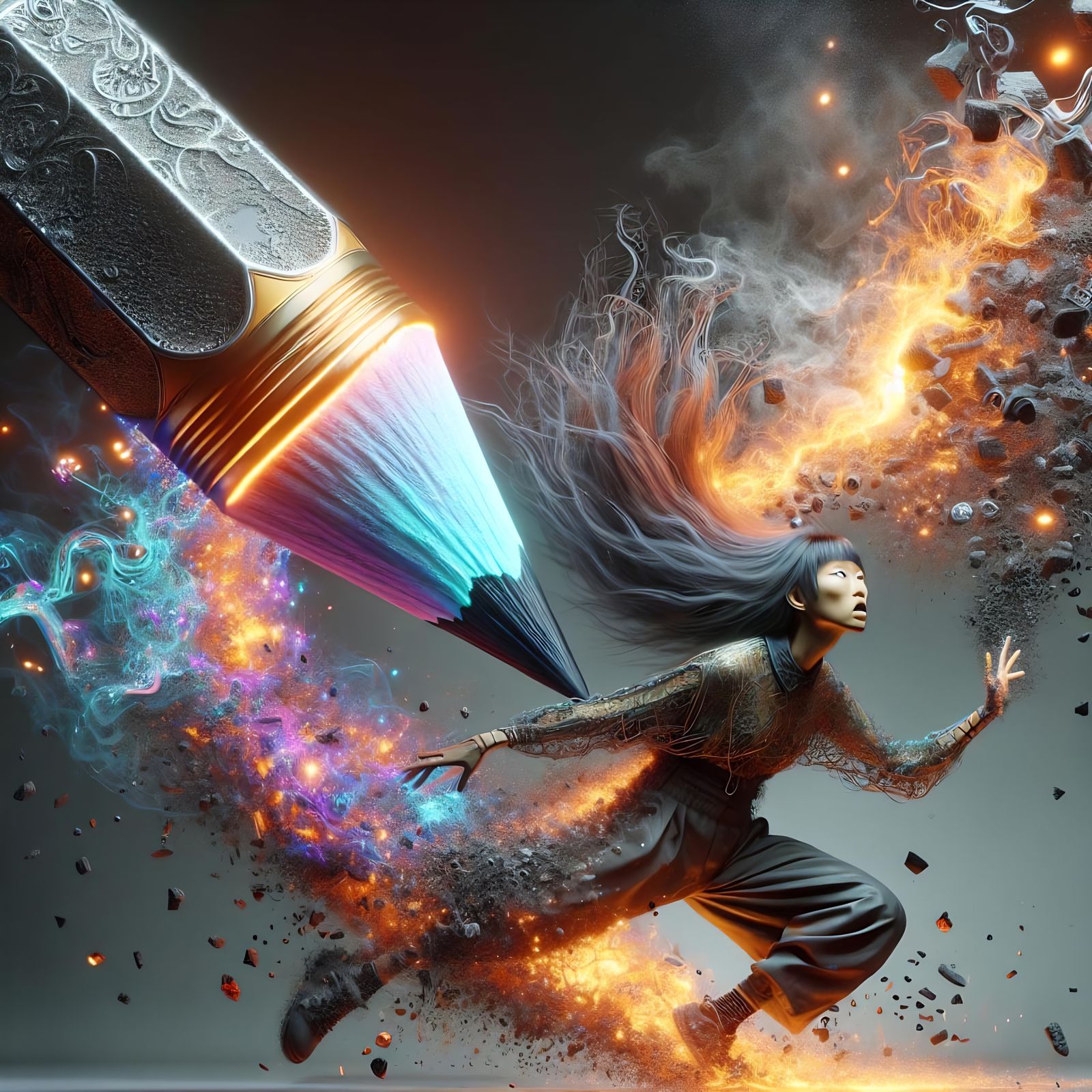 Woman Escaping Giant Pencil in Glitch Art Style