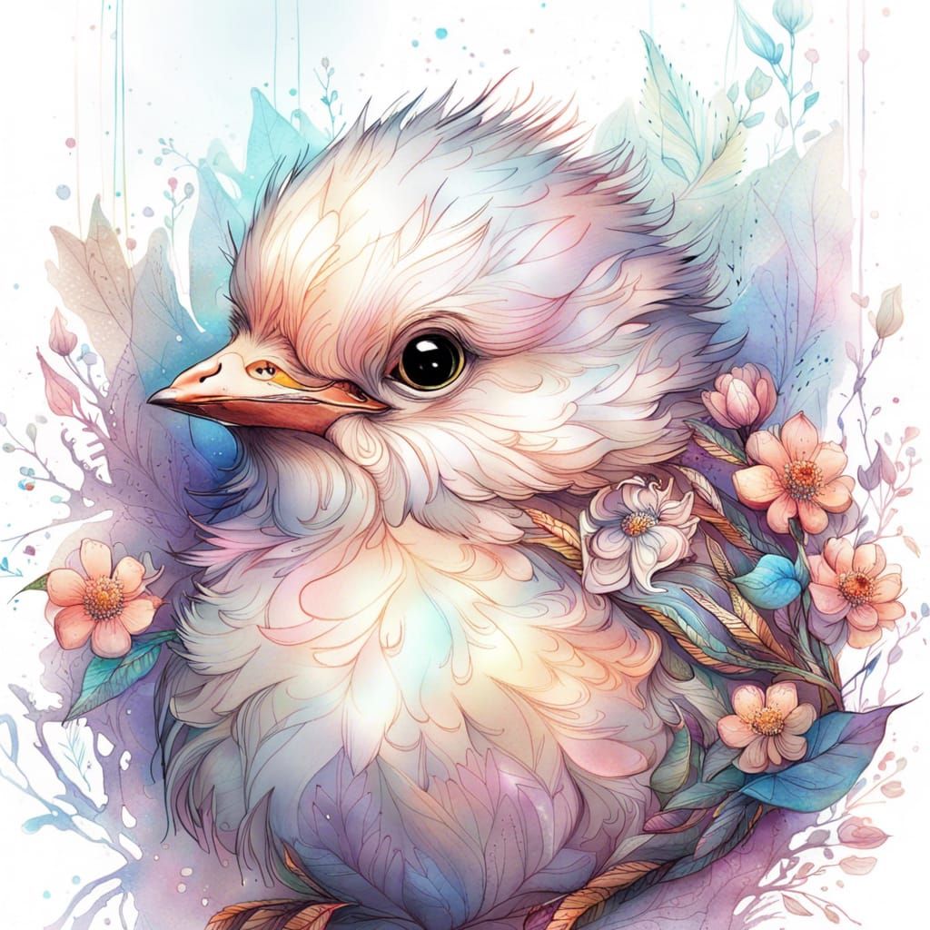 Fluffy Baby Bird Portrait with Flowers
