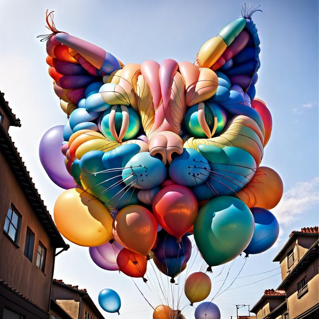 Iridescent Balloon Cat in Urban Landscape