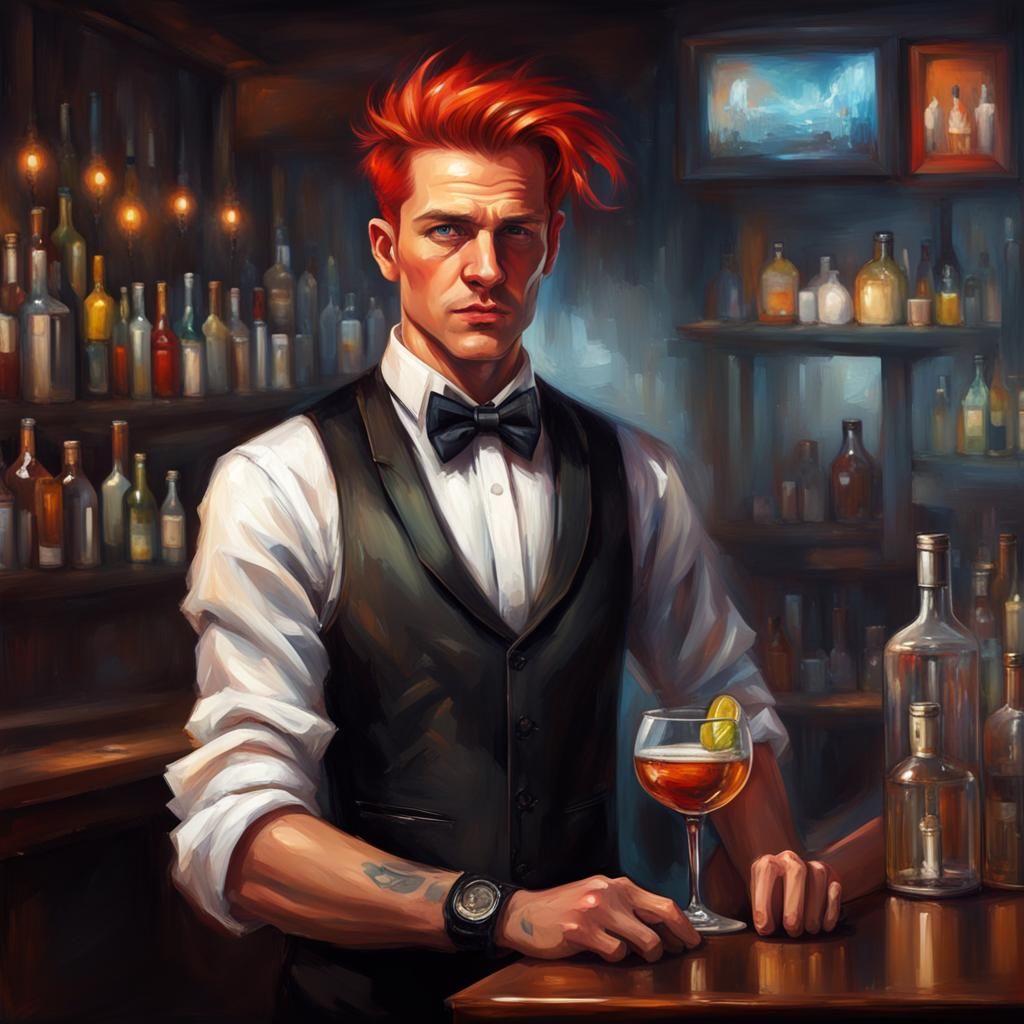 Cyberpunk Bartender in High-Tech Bar, Gritty Oil Painting