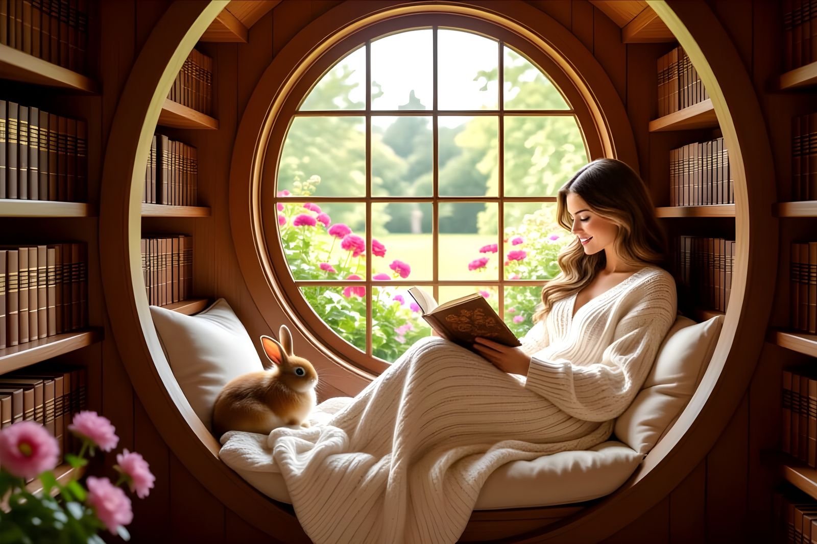 Cozy Reading Nook with Bunny, Illustration Art