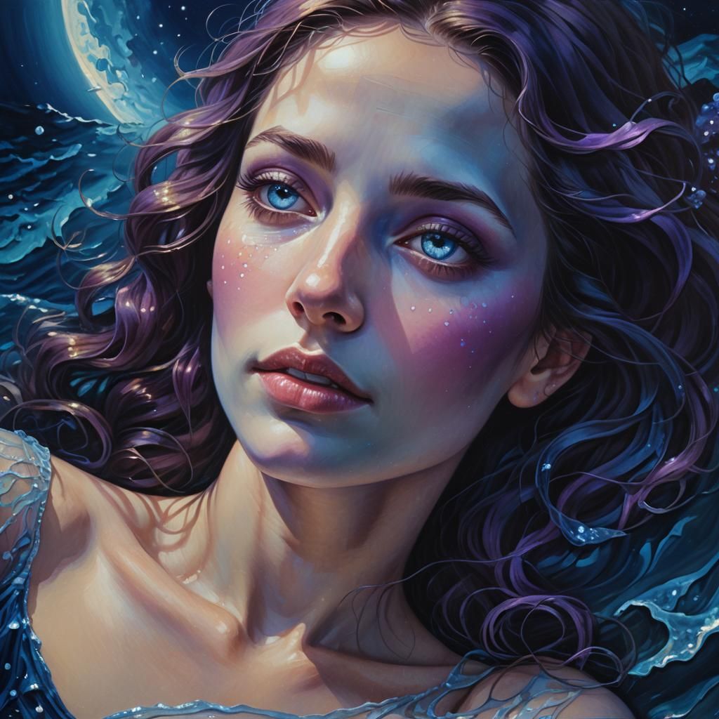 Bioluminescent Woman on Beach at Night as Oil Painting