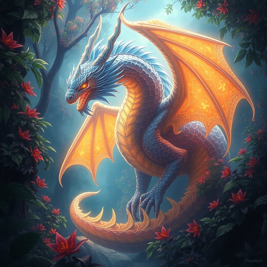 Mystical Dragon in Dreamlike Sci-Fi Landscape