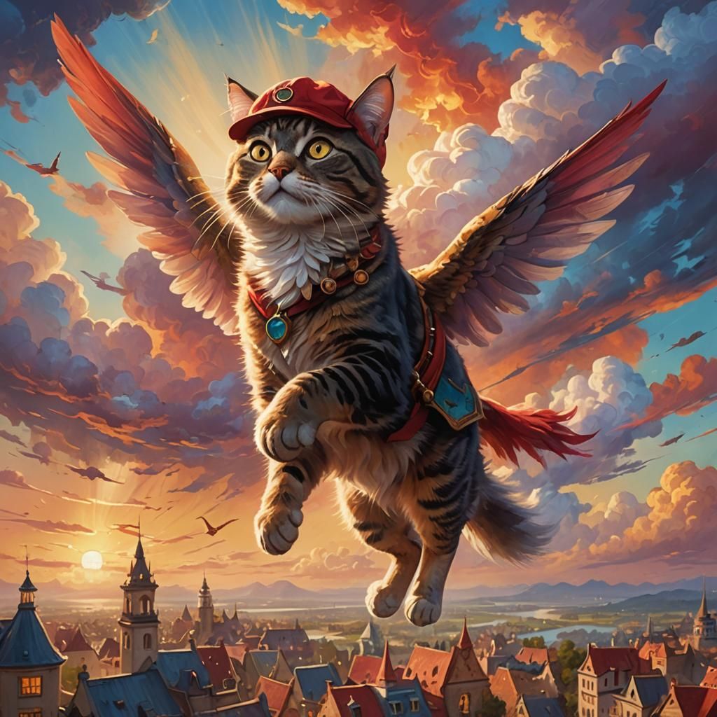 Flying Cat in Sunset Sky: Fantasy Oil Painting