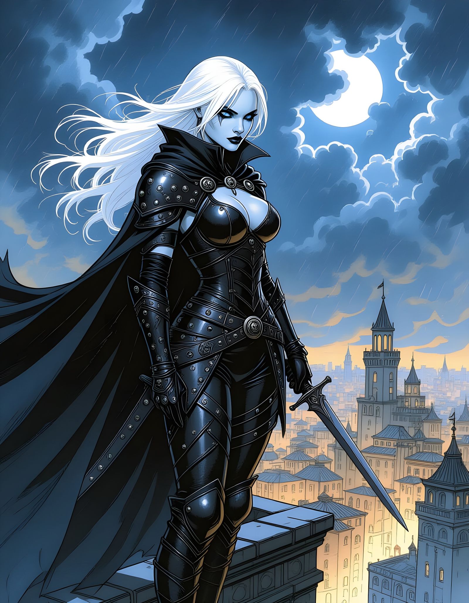 Albino Assassin Overlooks Fantasy City at Night