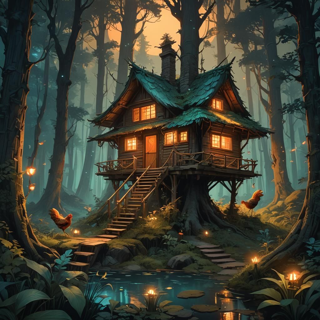 Mystic Hut on Chicken Legs in Moonlit Forest