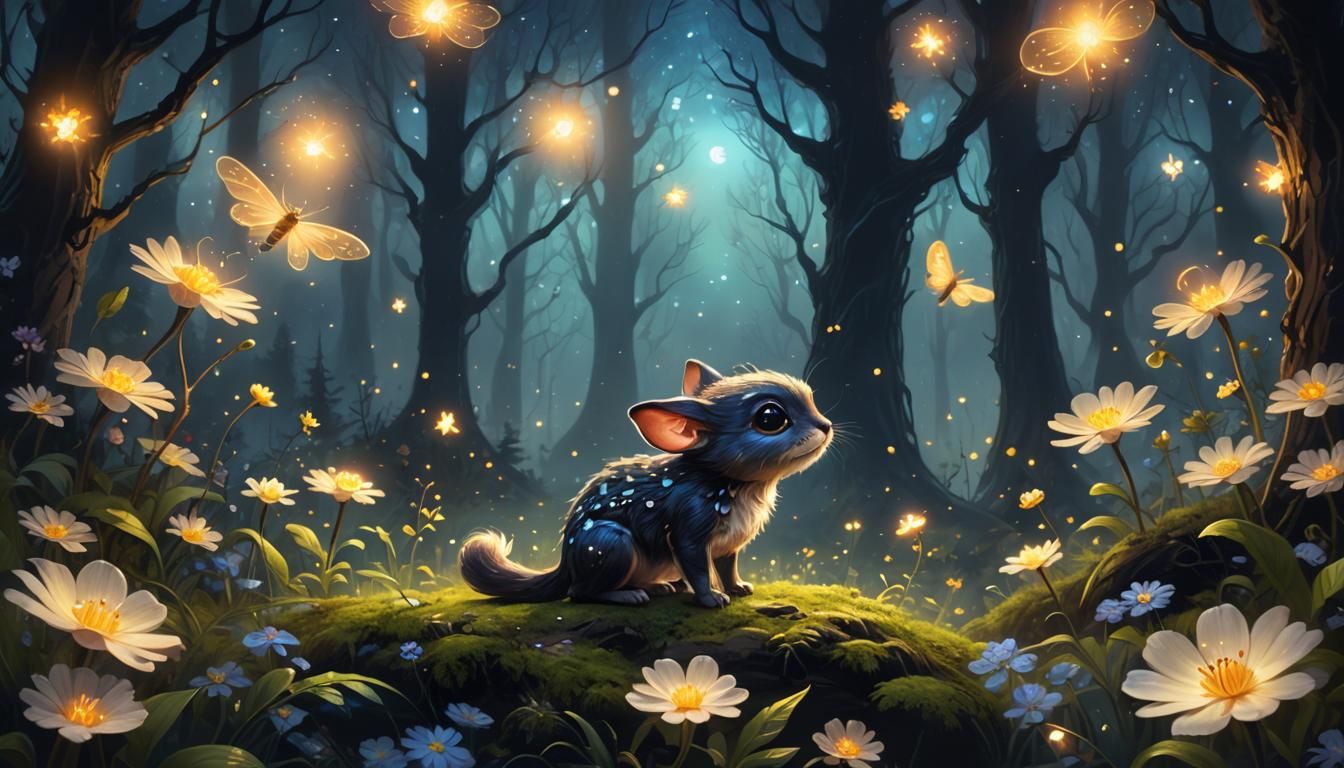 Glowing Creature in Starry Forest Oil Painting