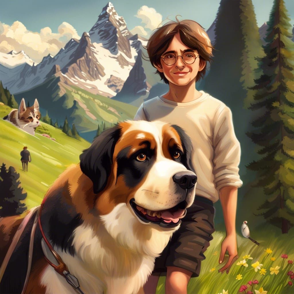 Harry Potter and Saint Bernard in the alps,
