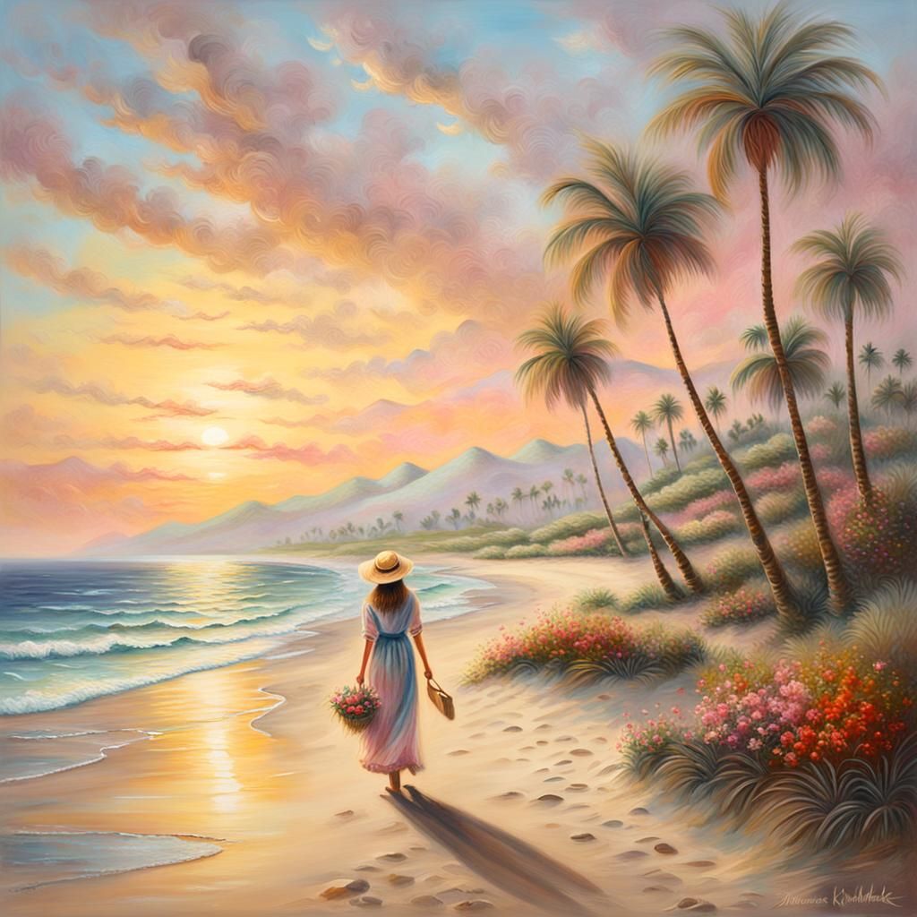 Palm Beach Surrealism in Oil Pastel Dreamscape