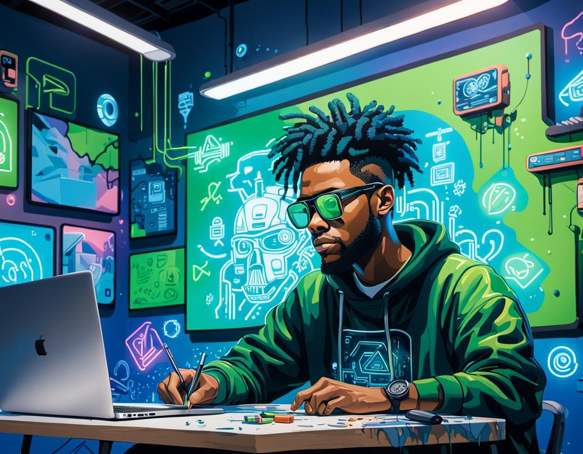 Futuristic Graffiti Workspace with AI Models in Oil Gouache