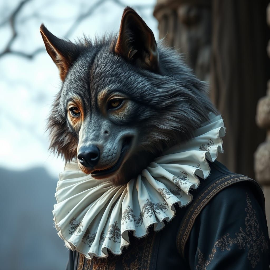 Werewolf in Elizabethan Attire: Hyper-Realistic Portrait