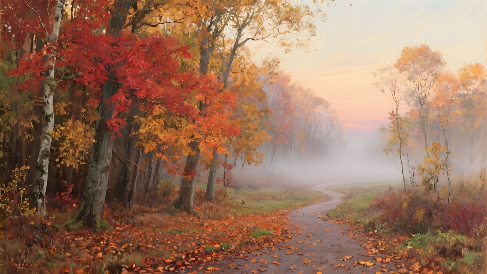 Misty Autumn Forest Walkway with Vibrant Fall Colors