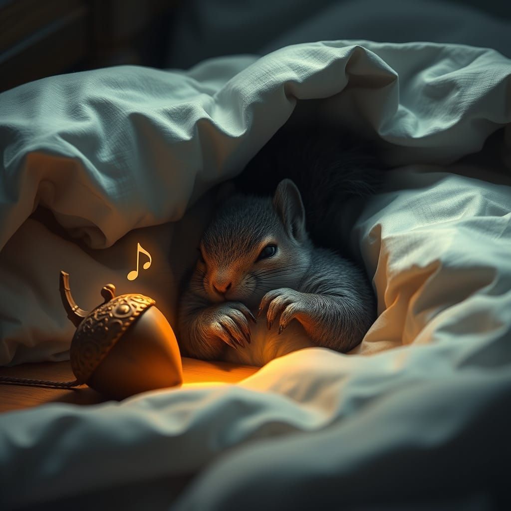 Whimsical Squirrel Slumber in a Dreamlike Digital Scene