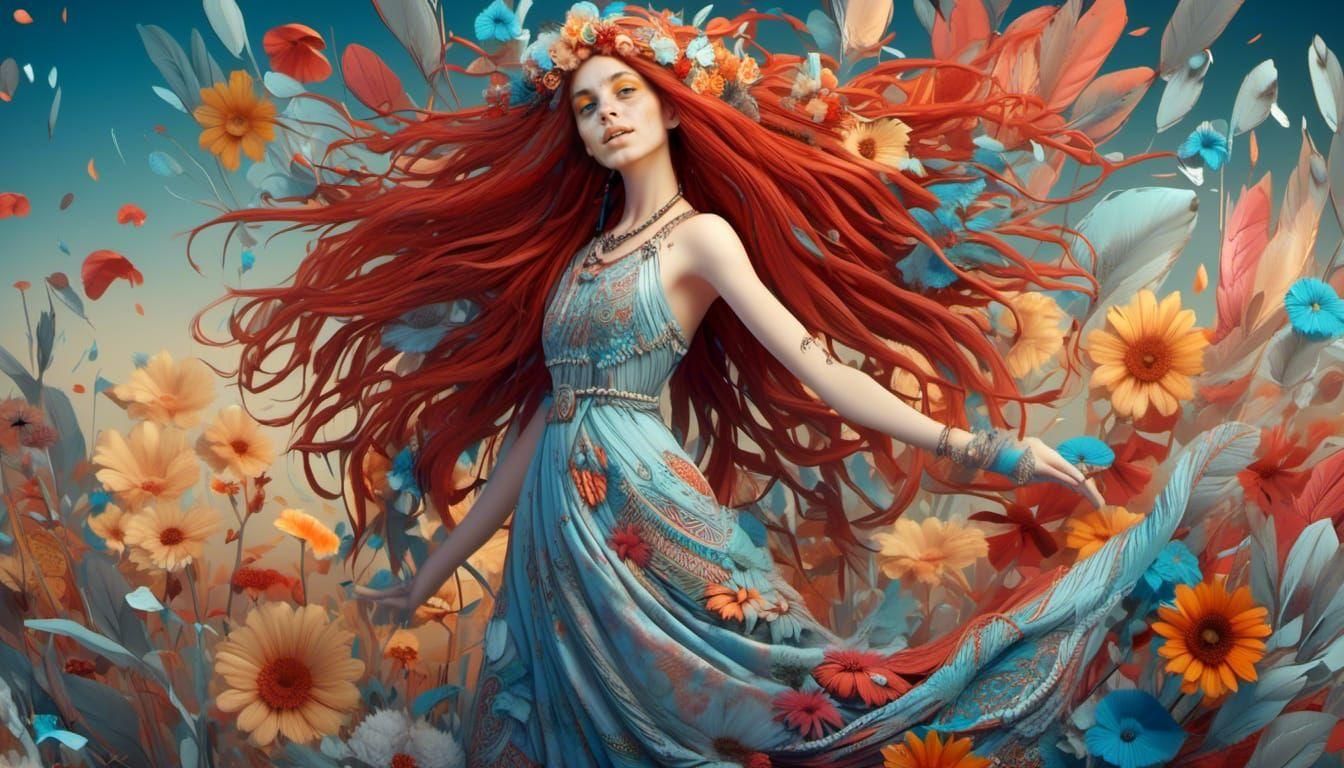 Happy Hippy Girl in Floral 3D Anime Art