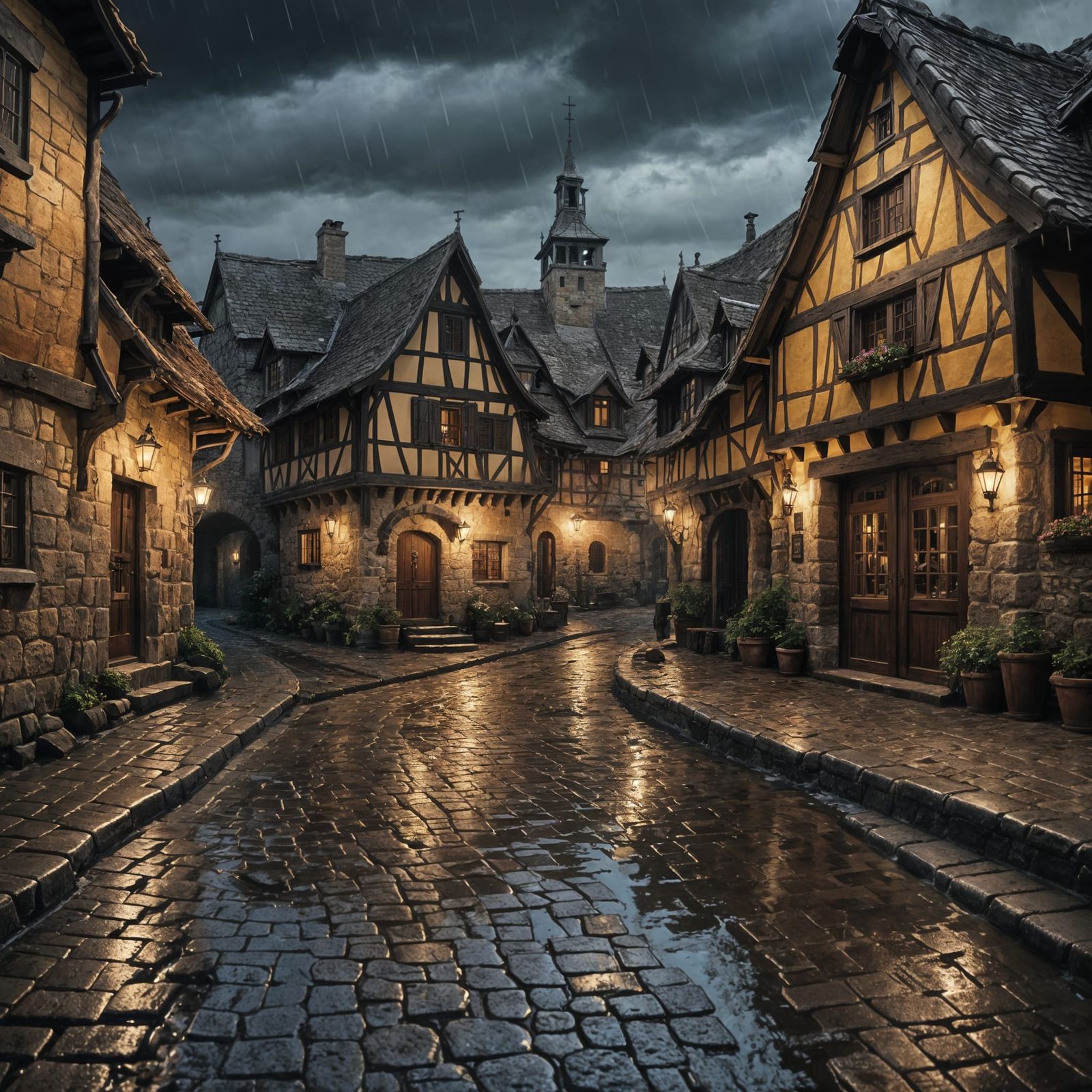Medieval Village in Rainfall: Detailed Matte Painting