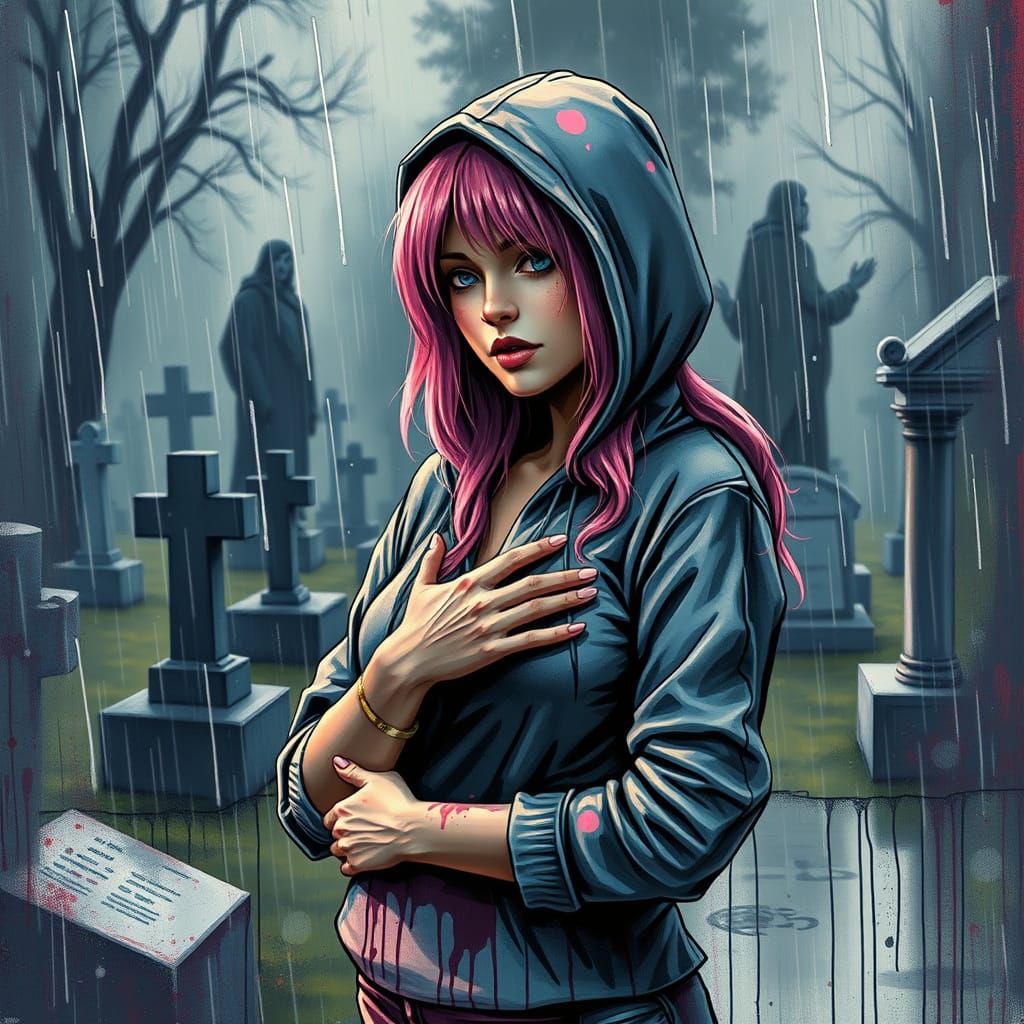 Pink Haired Woman in Cemetery in Splatter Art Style