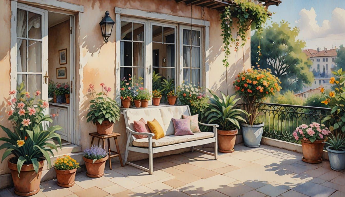 Dreamy Pastel Balcony with Garden in Gouache Style