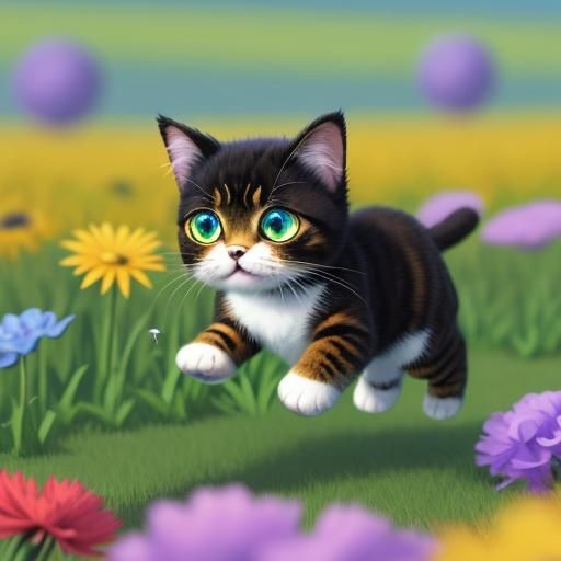 Cartoon Cat's Butterfly Chase in Flower Field