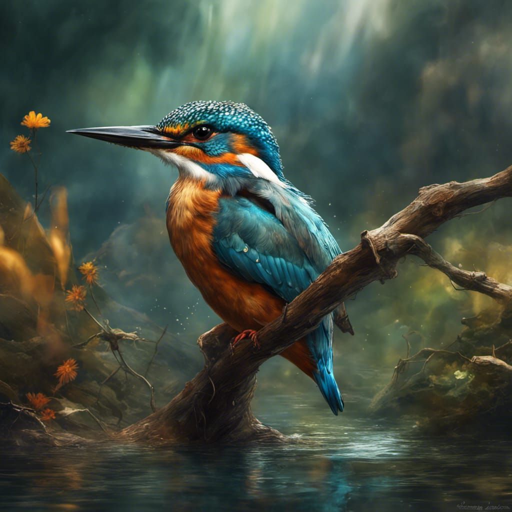 Magnificent River Kingfisher Portrait in Digital Art Style