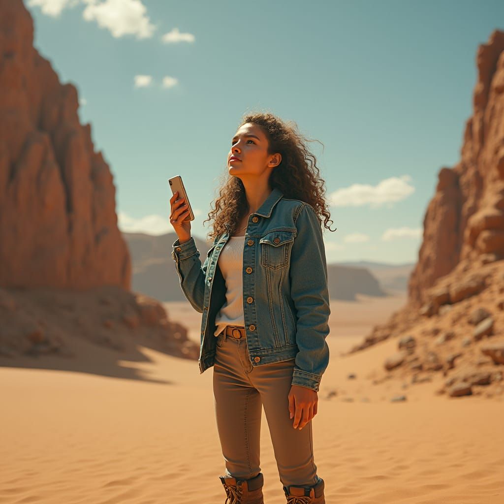 Woman with Phone in Desert Landscape