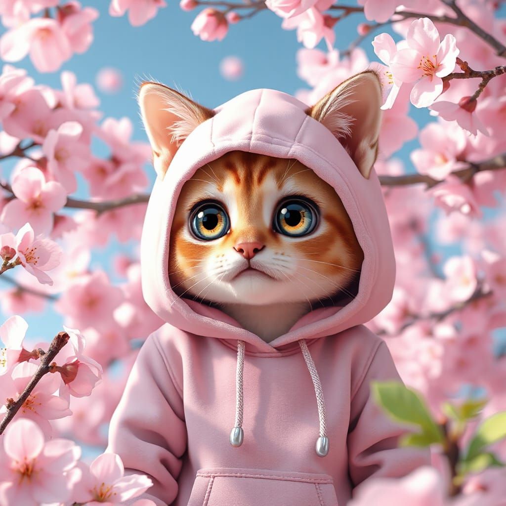 Kawaii Kitten in Pastel Hoodie with Cherry Blossoms