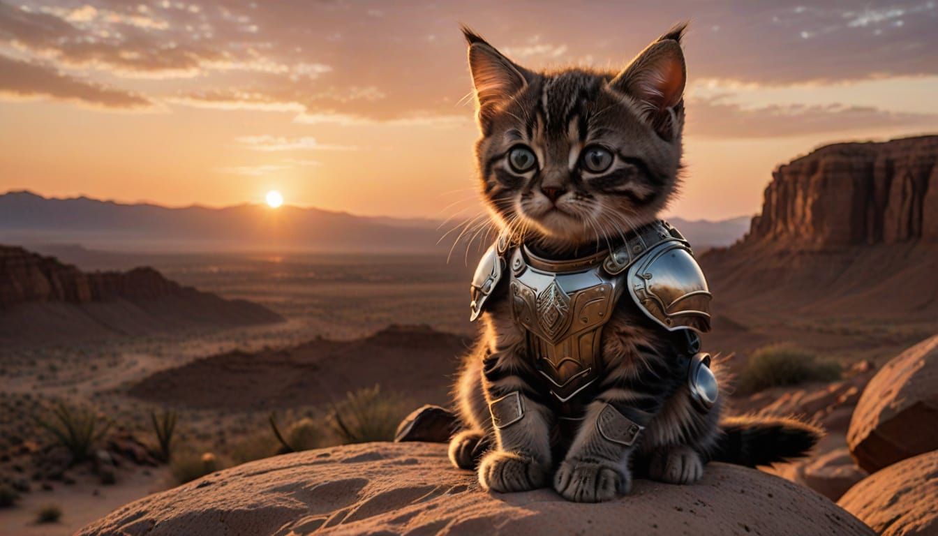Majestic Grumpy Kitten Surveys Desert Landscape at Sunset