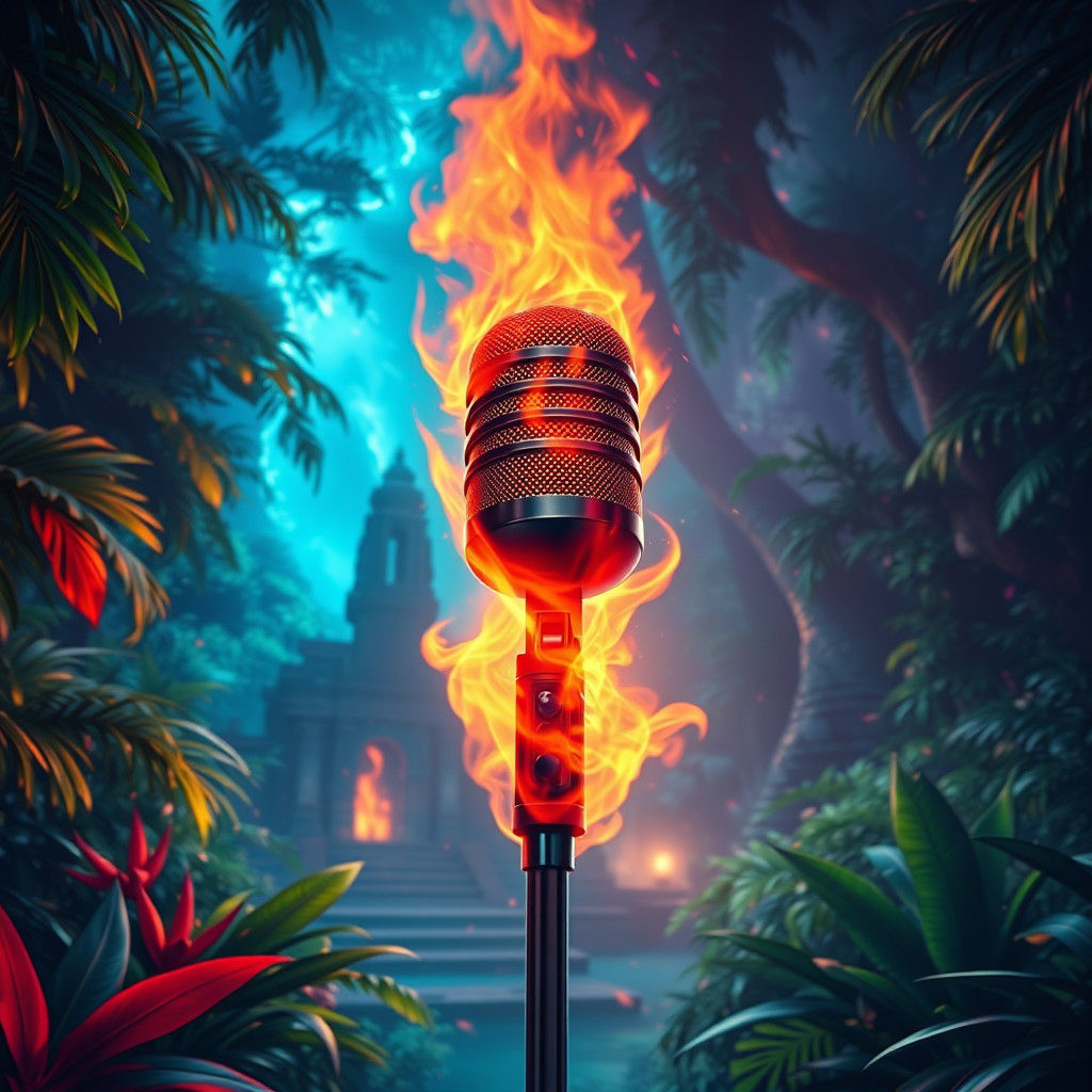 Flaming Microphone in Jungle, Fantasy Concept Art