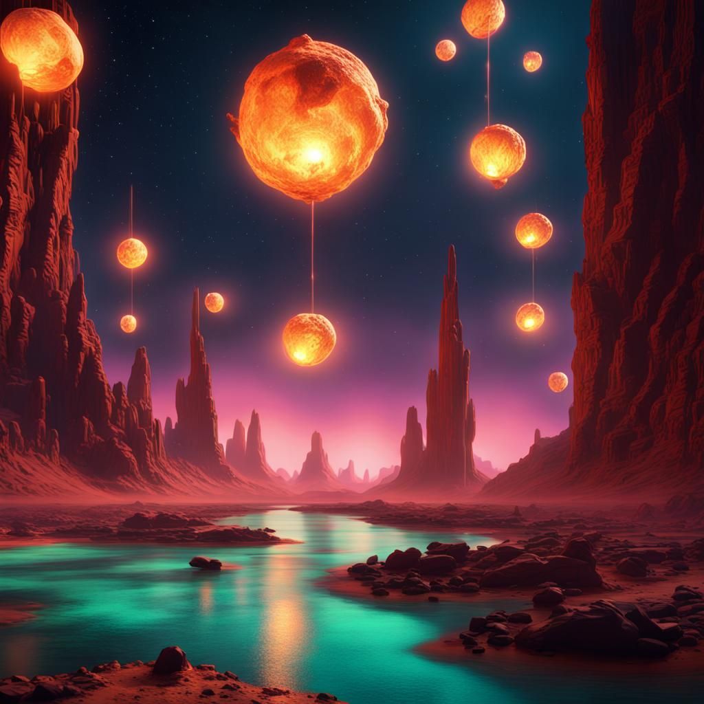 Alien Planet Dreamscape with Floating Acid Lanterns
