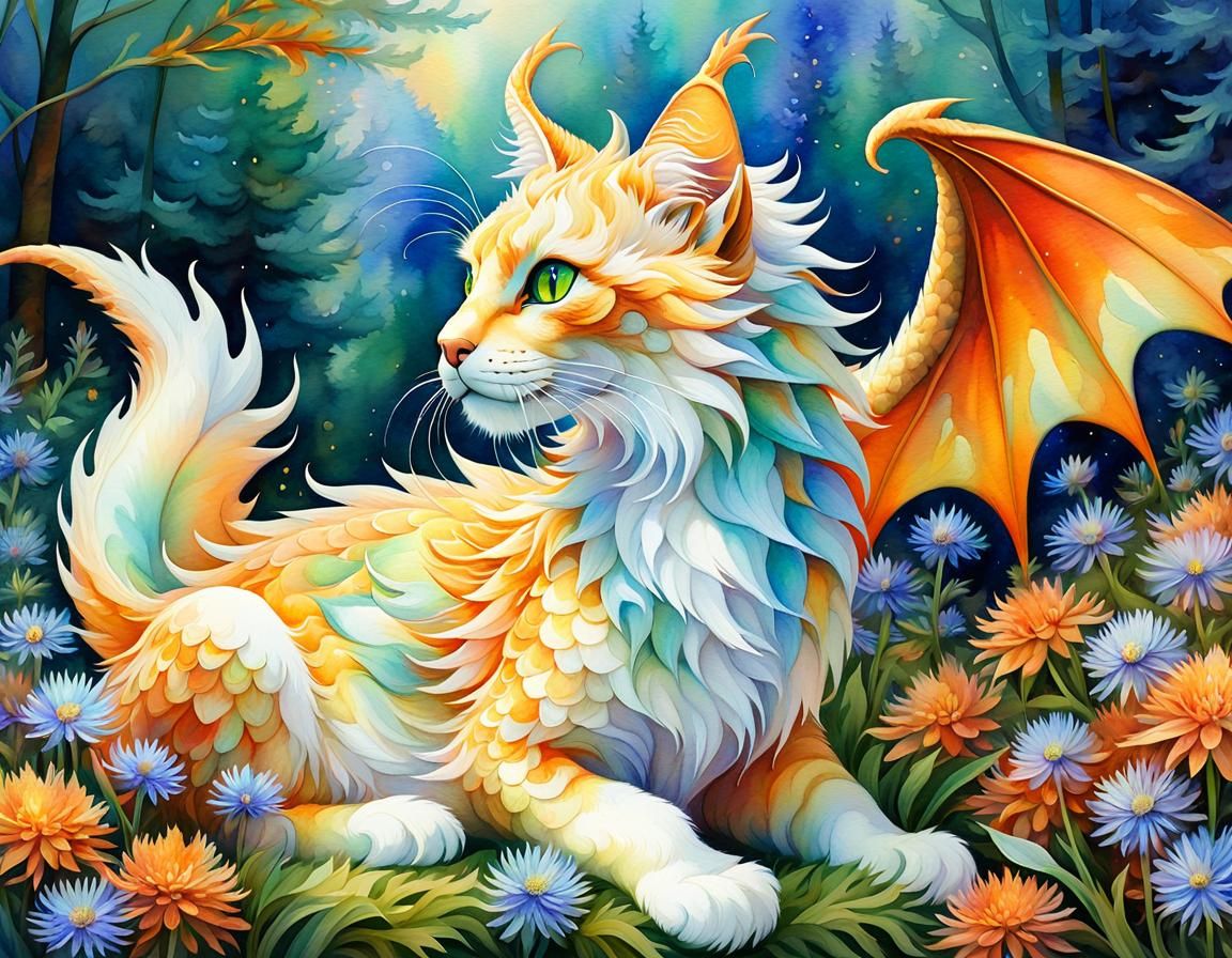 Dragon-Cat in Autumnal Forest: Aquarelle Painting