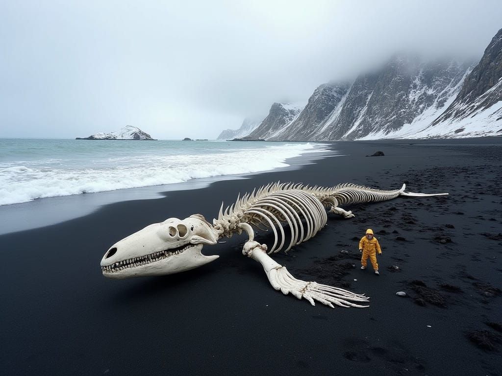 Dramatic Antarctic Landscape with Whale Skeleton and Golden...