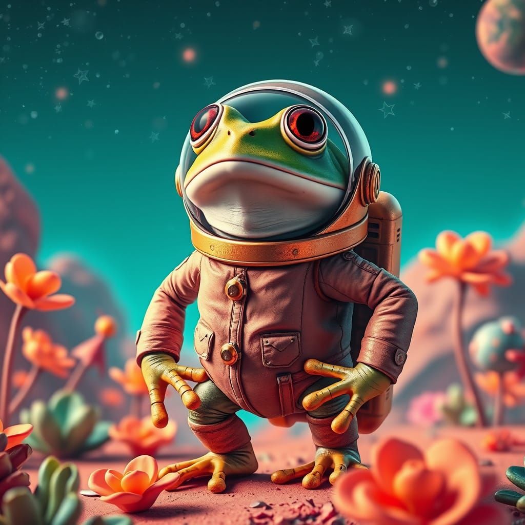 A surprised frog in a distressed, vintage-inspired astronaut...