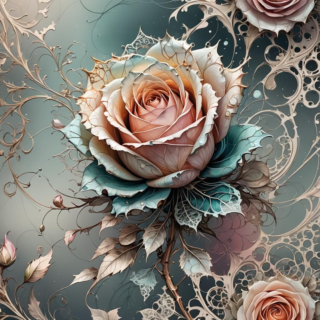 Filigree Fractal Rosebud in Pastel Ink